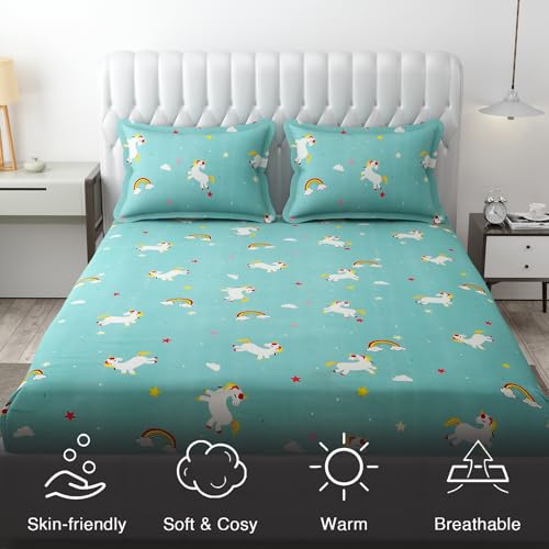 FRESH FROM LOOM Cartoon Wrinkle Free Microfiber Bedsheet for Kids (Double Bed King Size 90x90 Inches/Unicorn/Boys Girls Room), Multicolor, 144 TC - Image 5