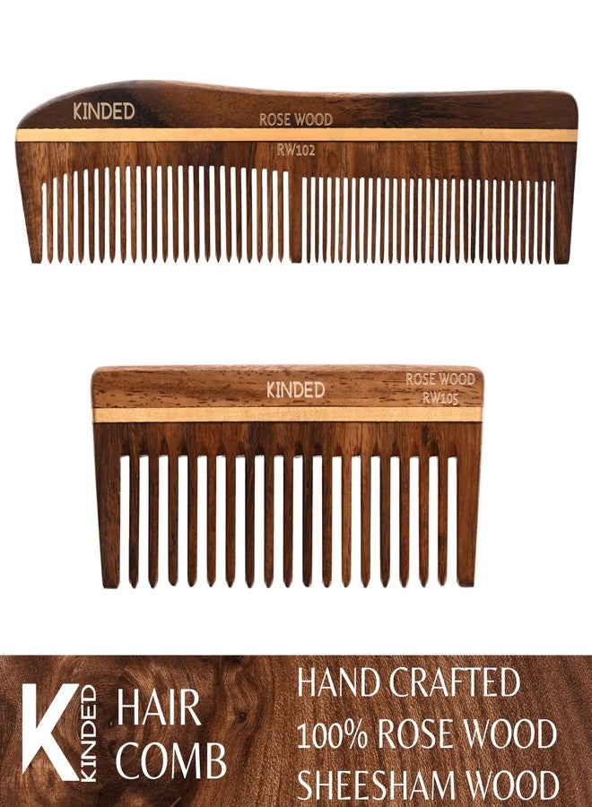 KINDED Sheesham Rose Wood Hair Comb Handcrafted Oil Treated Natural Handmade Wooden Comb for Men Women Detangling Hair Growth Dandruff Frizz Control - Original Rosewood Dual Tooth and Wide Tooth - Image 2