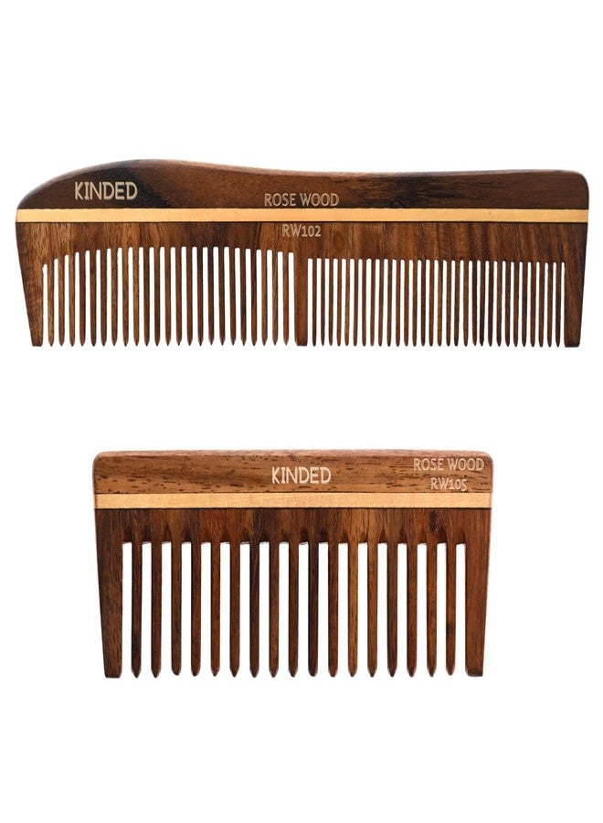 KINDED Sheesham Rose Wood Hair Comb Handcrafted Oil Treated Natural Handmade Wooden Comb for Men Women Detangling Hair Growth Dandruff Frizz Control - Original Rosewood Dual Tooth and Wide Tooth - Image 1