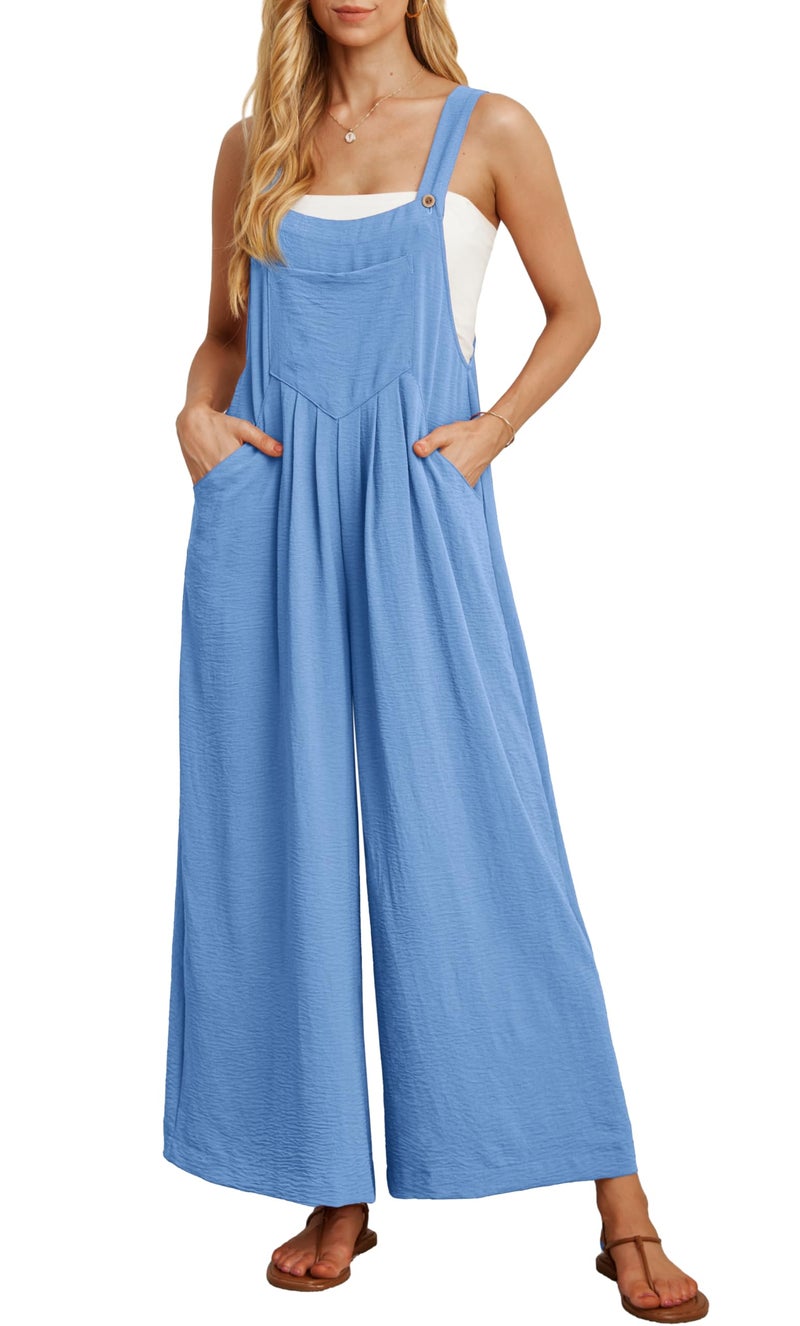 IWOLLENCE Women's Summer Jumpsuits Boho Wide Leg Overalls Casual Loose Rompers with Pockets 2024 Blue Medium - Image 1