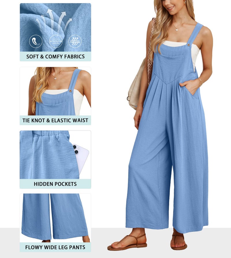 IWOLLENCE Women's Summer Jumpsuits Boho Wide Leg Overalls Casual Loose Rompers with Pockets 2024 Blue Medium - Image 2