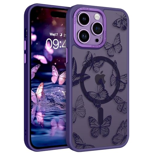 BENTOBEN for iPhone 14 Pro Max Case, Cute Butterfly Pattern Magnetic Phone Case Compatible with MagSafe Translucent Matte Slim Women Girl Protective Cover Case for iPhone 14ProMax 6.7", Dark Purple - Image 1