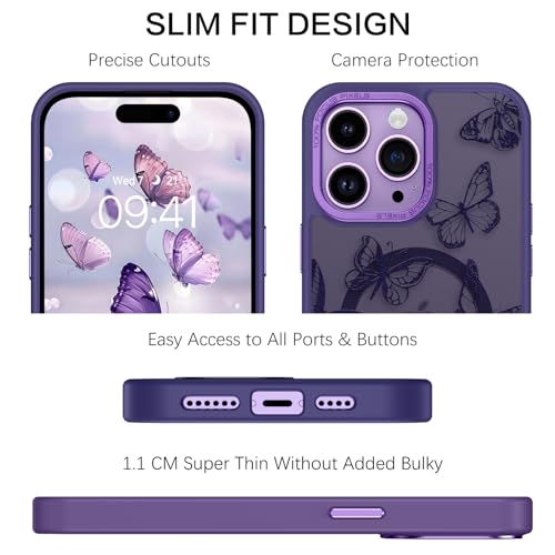 BENTOBEN for iPhone 14 Pro Max Case, Cute Butterfly Pattern Magnetic Phone Case Compatible with MagSafe Translucent Matte Slim Women Girl Protective Cover Case for iPhone 14ProMax 6.7", Dark Purple - Image 4