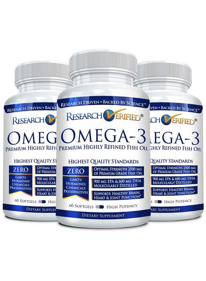 Research Verified Omega 3-1800mg Omega 3 Fish Oil - High 900mg EPA + 600mg DHA - No Aftertaste - 60 Softgel Capsules - 3 Bottles - Image 1