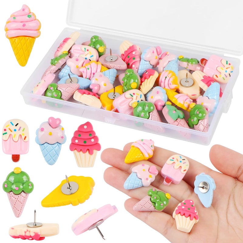 MIKIMIQI 30 Pcs Ice Cream Push Pins Resin Ice Cream Push Pins Decorative Cute Thumb Tacks Cork Board Thumbtacks for Bulletin Board Photos Wall Pins Office Supplies