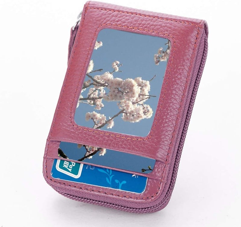 BAKUN Premium Leather Slim Zipper Business/Credit Card Wallet Case Holder with Clear Photo Slot, Security Travel Wallet(Pink) - Image 2