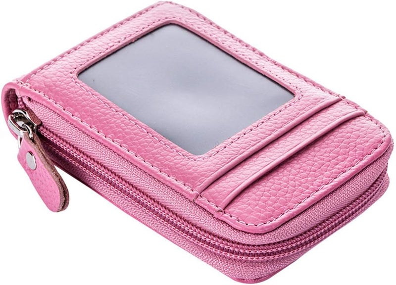BAKUN Premium Leather Slim Zipper Business/Credit Card Wallet Case Holder with Clear Photo Slot, Security Travel Wallet(Pink) - Image 1