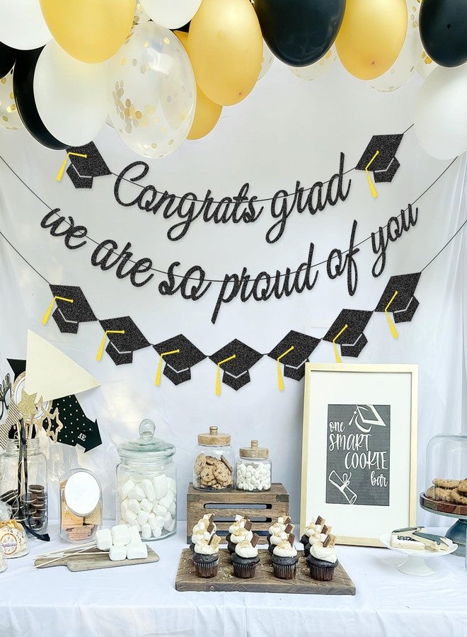 Pedenty Store Congrats Grad Banner - Pre-Strung Black Glitter Garland with Graduation Cap Cutouts, “Congrats Grad” and “We Are So Proud of You” Signs for Class of 2026 Graduation Party Decorations - Image 4