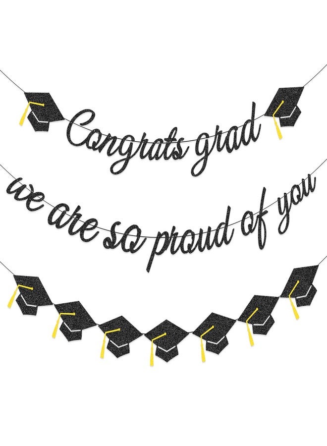 Pedenty Store Congrats Grad Banner - Pre-Strung Black Glitter Garland with Graduation Cap Cutouts, “Congrats Grad” and “We Are So Proud of You” Signs for Class of 2026 Graduation Party Decorations - Image 1