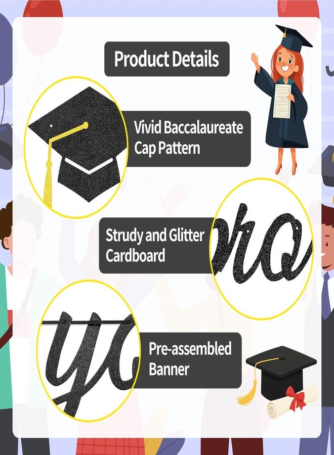 Pedenty Store Congrats Grad Banner - Pre-Strung Black Glitter Garland with Graduation Cap Cutouts, “Congrats Grad” and “We Are So Proud of You” Signs for Class of 2026 Graduation Party Decorations - Image 3