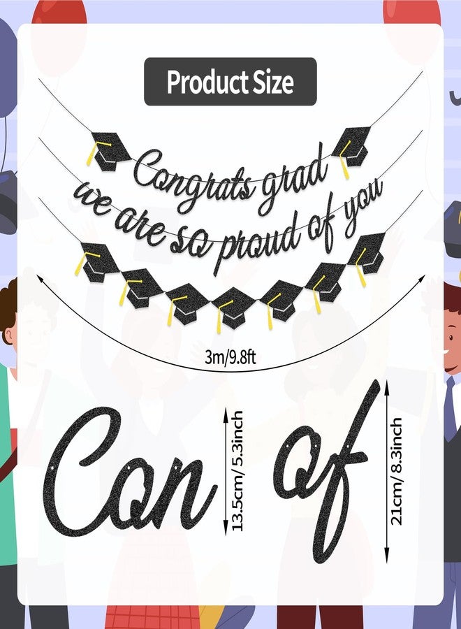 Pedenty Store Congrats Grad Banner - Pre-Strung Black Glitter Garland with Graduation Cap Cutouts, “Congrats Grad” and “We Are So Proud of You” Signs for Class of 2026 Graduation Party Decorations - Image 2