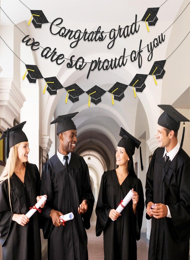 Pedenty Store Congrats Grad Banner - Pre-Strung Black Glitter Garland with Graduation Cap Cutouts, “Congrats Grad” and “We Are So Proud of You” Signs for Class of 2026 Graduation Party Decorations - Image 5