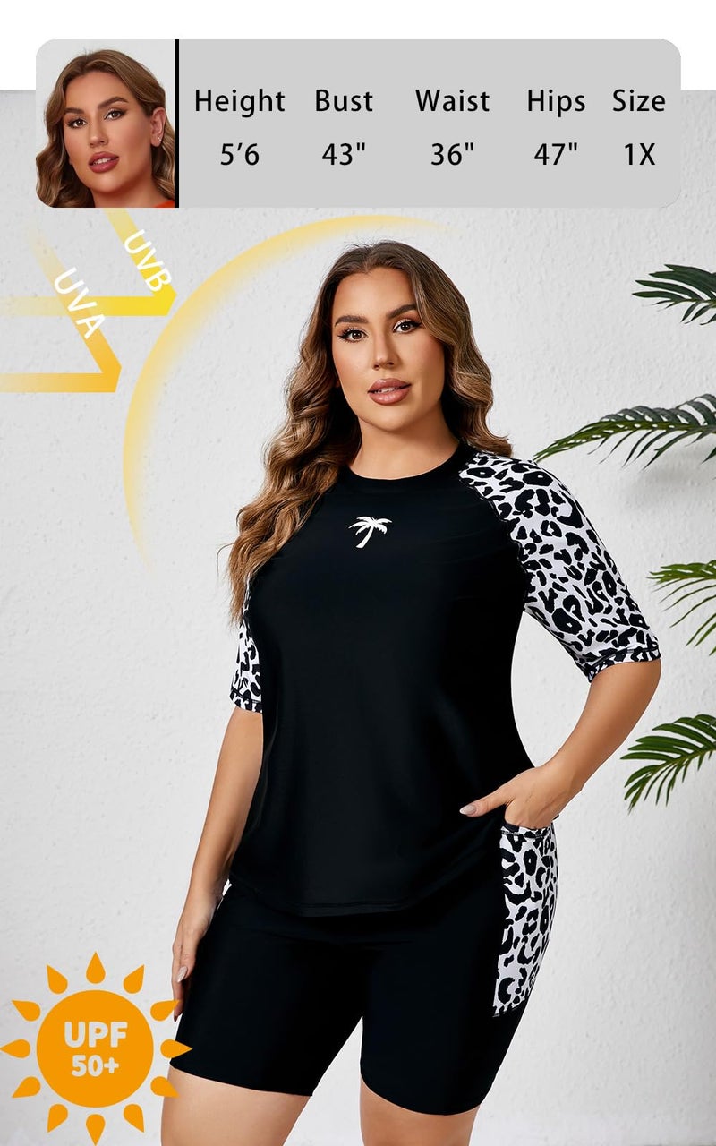 Halcurt Women Plus Size Short Sleeve Two Piece Swimsuit Rash Guard with Bra Swim Set Shorts Leopard 1X - Image 2