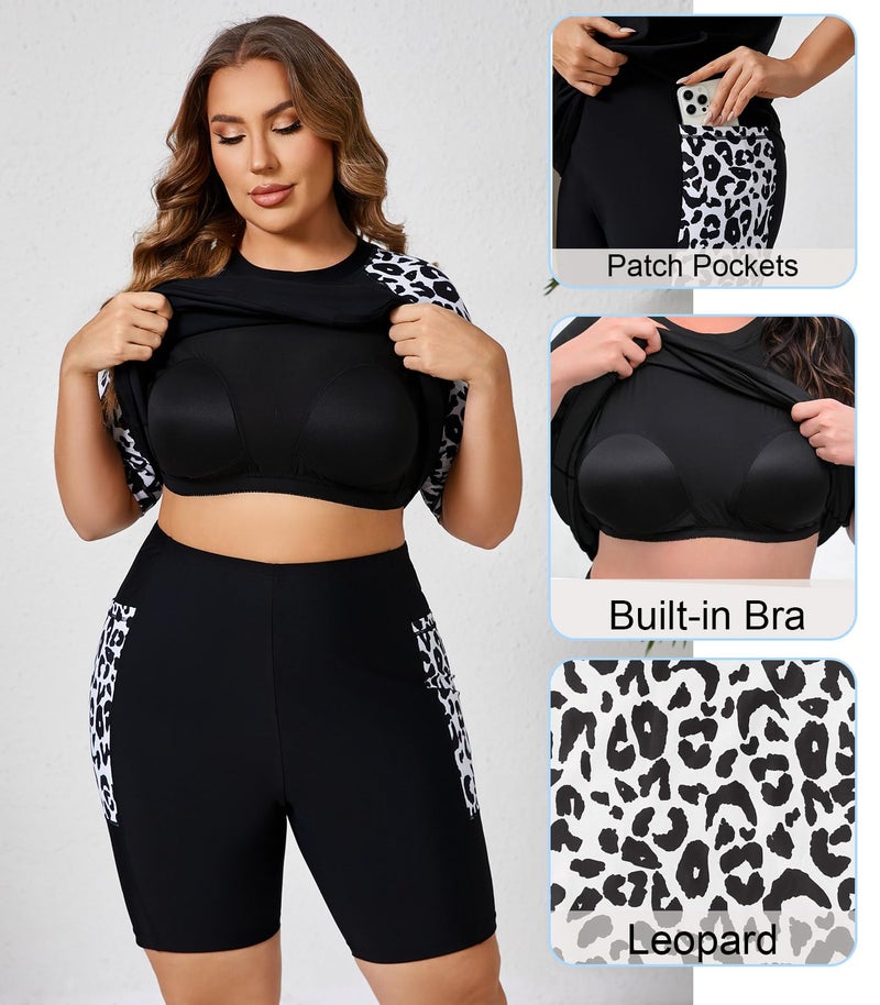 Halcurt Women Plus Size Short Sleeve Two Piece Swimsuit Rash Guard with Bra Swim Set Shorts Leopard 1X - Image 3
