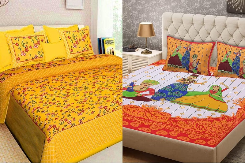 EarlyMart 100 Cotton Rajasthani Jaipuri King Size Combo Bedsheets Set of 2 Double Bedsheets with 4 Pillow Covers Multi_019