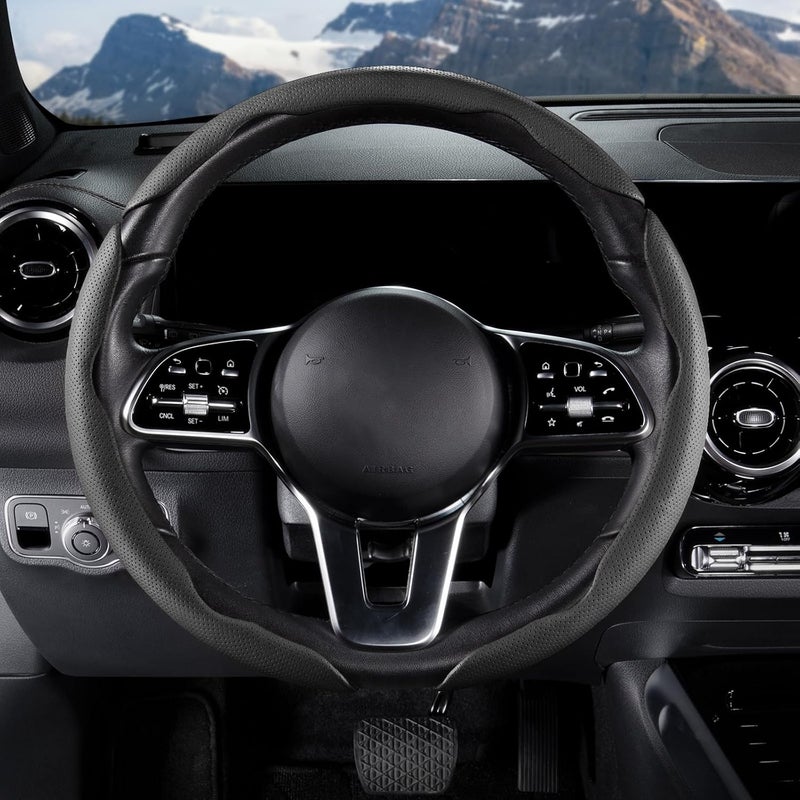 Aotoyou Car Steering Wheel Cover Leather Snap On 3Pcs Set Steering Wheel Wrap Non-Slip Protector Steering Wheel Accessories 14-15 inch Universal Black - Image 4