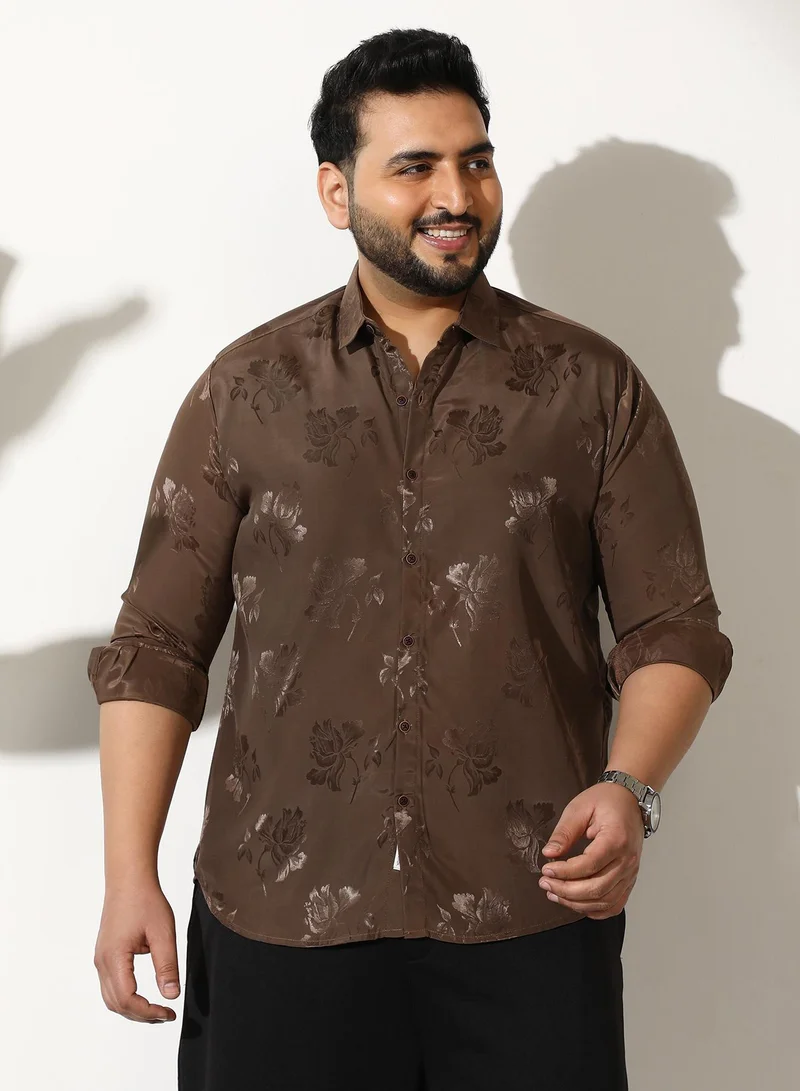 Instafab Plus Men Roses-Jacquard Satin Shirt | Spread Collar, Long Button-Cuff Sleeves | Button, Curved Hem | Floral Jacquard Woven Fabric For Evening & Party | Coffee Brown
