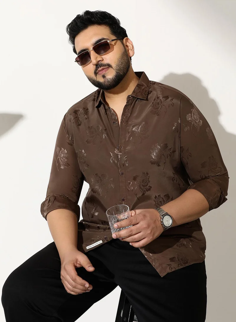 Instafab Plus Men Roses-Jacquard Satin Shirt | Spread Collar, Long Button-Cuff Sleeves | Button, Curved Hem | Floral Jacquard Woven Fabric For Evening & Party | Coffee Brown