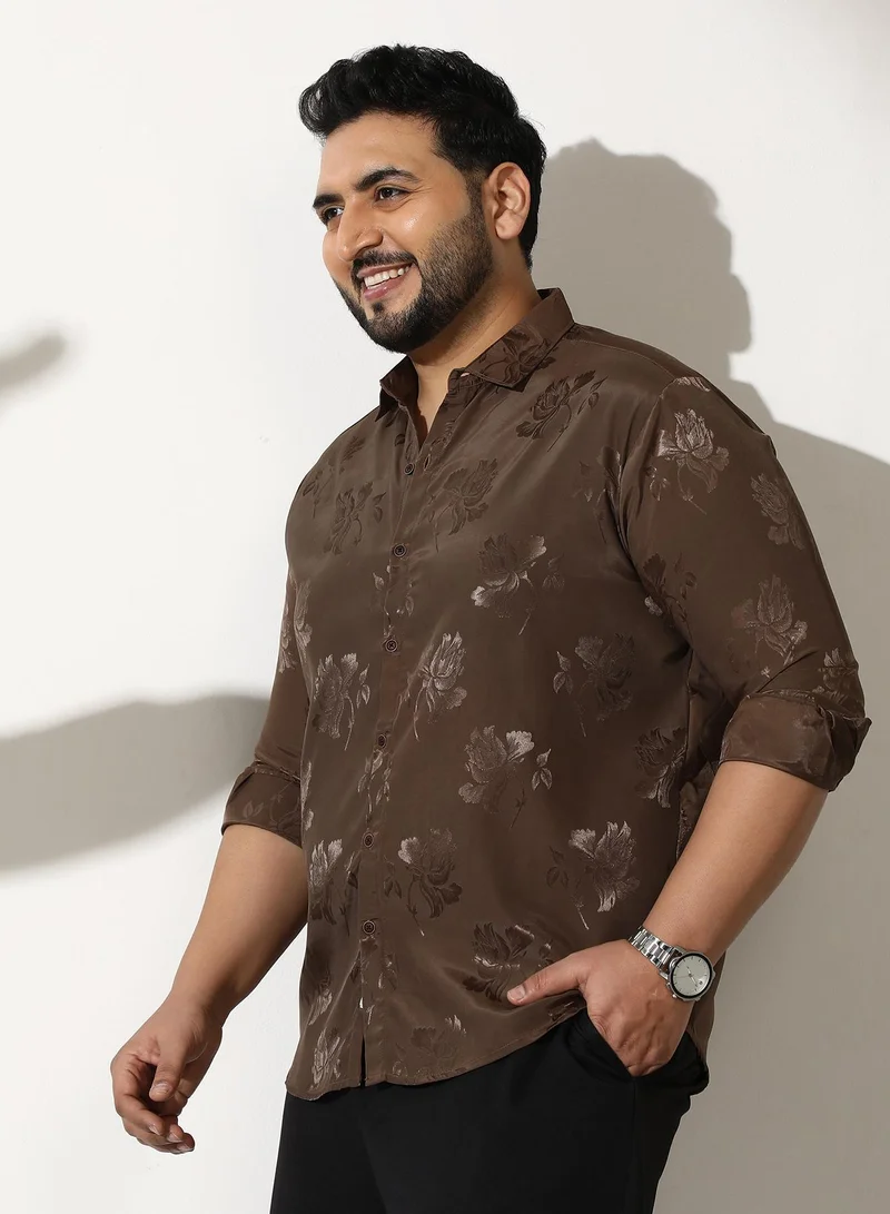 Instafab Plus  Men Roses-Jacquard Satin Shirt | Spread Collar, Long Button-Cuff Sleeves | Button, Curved Hem | Floral Jacquard Woven Fabric For Evening & Party | Coffee Brown for Men | Best Price UAE