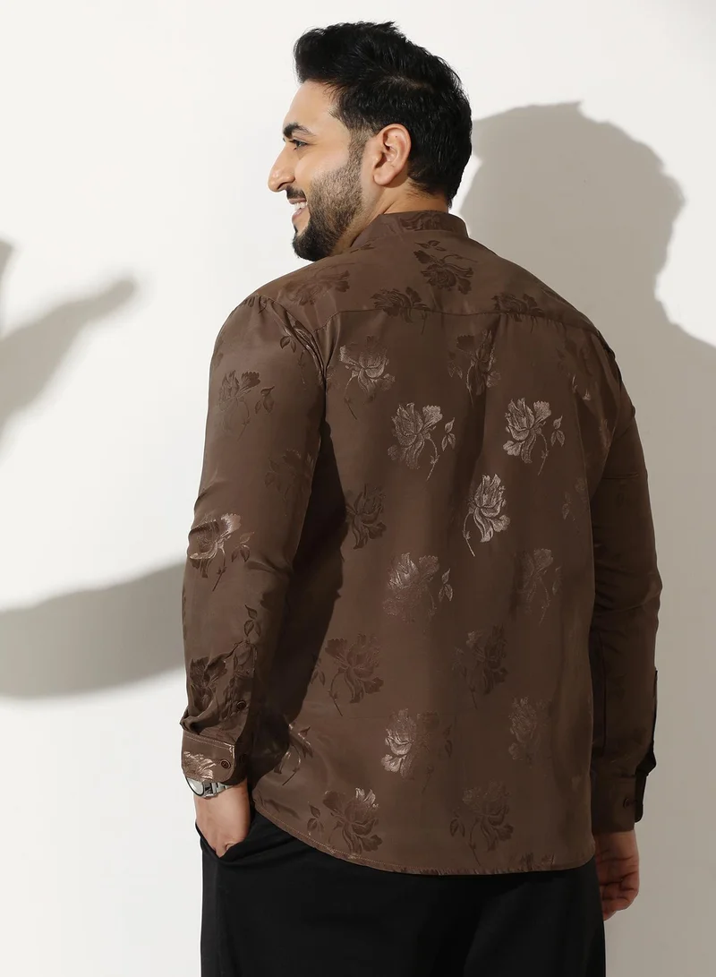 Instafab Plus  Men Roses-Jacquard Satin Shirt | Spread Collar, Long Button-Cuff Sleeves | Button, Curved Hem | Floral Jacquard Woven Fabric For Evening & Party | Coffee Brown for Men | Best Price UAE
