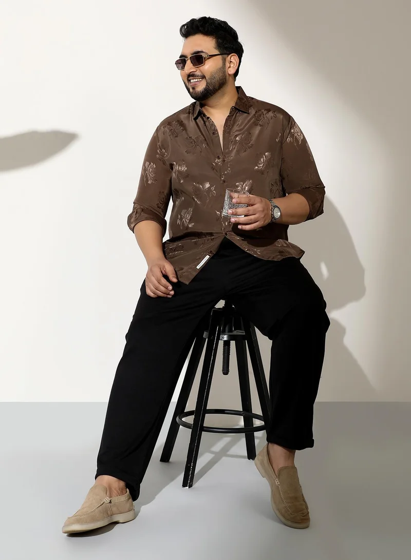 Instafab Plus  Men Roses-Jacquard Satin Shirt | Spread Collar, Long Button-Cuff Sleeves | Button, Curved Hem | Floral Jacquard Woven Fabric For Evening & Party | Coffee Brown for Men | Best Price UAE