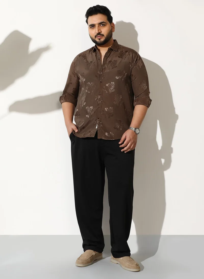 Instafab Plus  Men Roses-Jacquard Satin Shirt | Spread Collar, Long Button-Cuff Sleeves | Button, Curved Hem | Floral Jacquard Woven Fabric For Evening & Party | Coffee Brown for Men | Best Price UAE