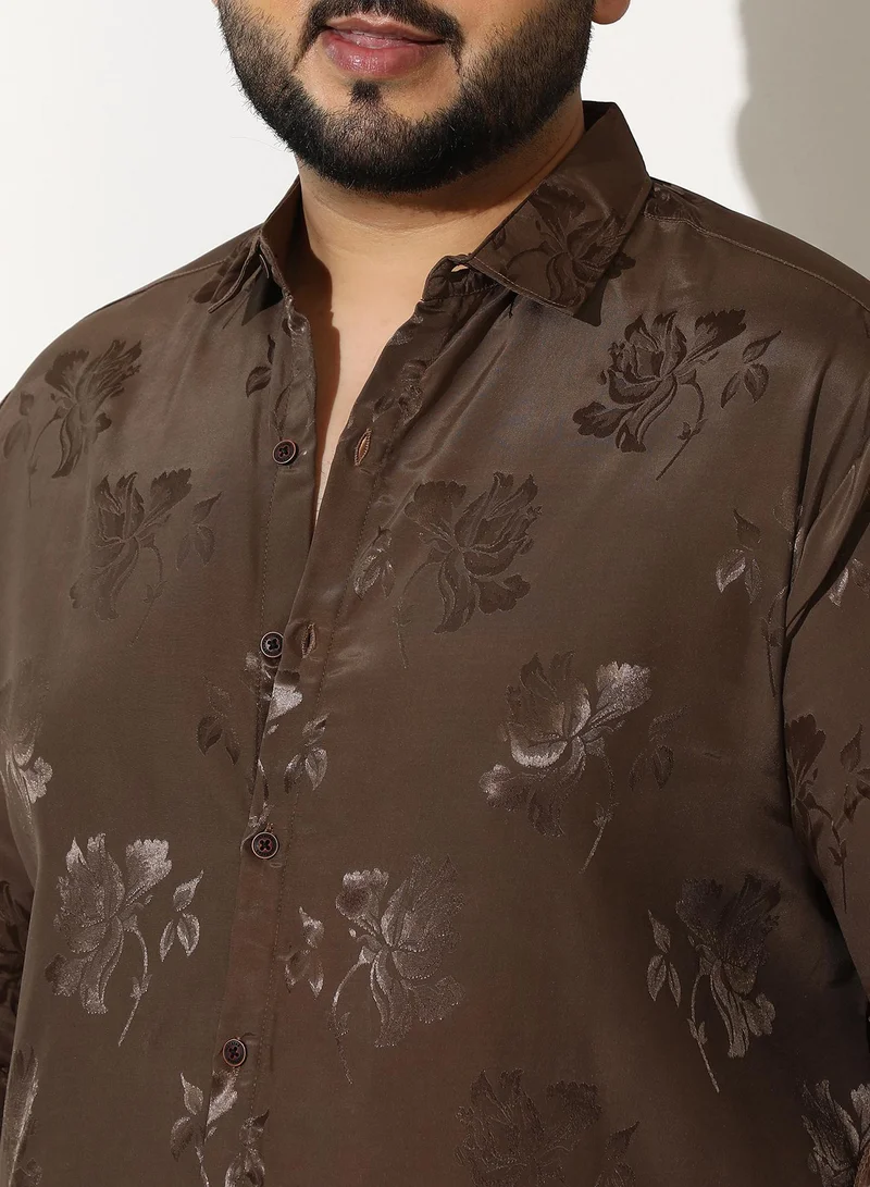 Instafab Plus  Men Roses-Jacquard Satin Shirt | Spread Collar, Long Button-Cuff Sleeves | Button, Curved Hem | Floral Jacquard Woven Fabric For Evening & Party | Coffee Brown for Men | Best Price UAE