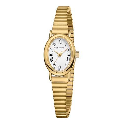 CHEETAH Women’s Gold Watch, with Stainless Steel Expansion Band, Petite Oval Case Roman Dial in White, Waterproof - Image 1