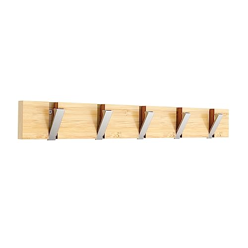 Anjuer Coat Hanger Wall Mounted Clothes Rack 5 Retractable Hooks Heavy Duty Clothes Hat Holder Bamboo Board Silver Hooks - Image 1