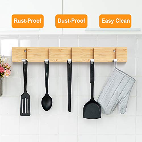 Anjuer Coat Hanger Wall Mounted Clothes Rack 5 Retractable Hooks Heavy Duty Clothes Hat Holder Bamboo Board Silver Hooks - Image 3