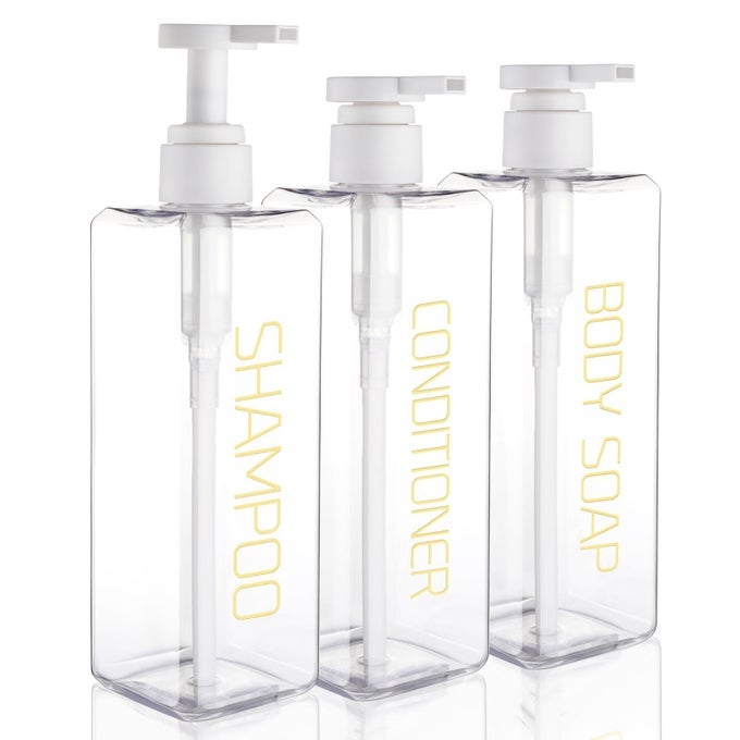 SHAMPOO AND CONDITIONER DISPENSER SHOWER SOAP BOTTLES 3 PACK 550ML186OZ REFILLABLE SHAMPOO PUMP BOTTLE DISPENSER PLASTIC EMPTY BODY WASH DISPENSERS WITH STYLISH PERMANENT LABELS FOR BATHROOM CLEAR