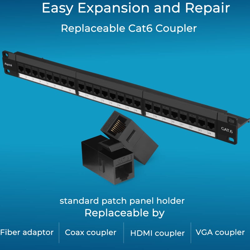 Rapink Patch Panel 24 Port Cat6 with Inline Keystone 10G Support, Pass-Thru Coupler Patch Panel UTP 19-Inch with Removable Back Bar, 1U Network Panel for Cat6, Cat5e, Cat5 Cabling - Image 3