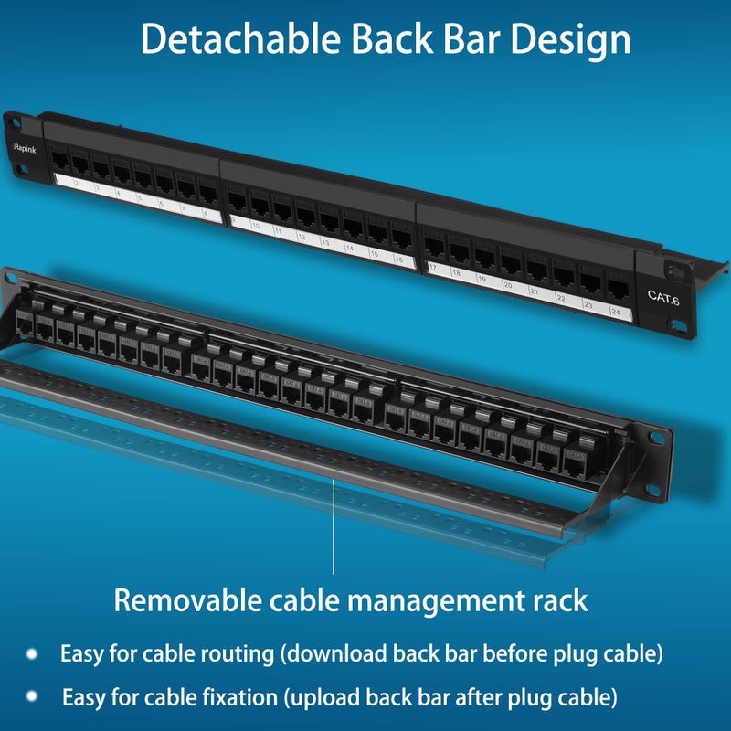 Rapink Patch Panel 24 Port Cat6 with Inline Keystone 10G Support, Pass-Thru Coupler Patch Panel UTP 19-Inch with Removable Back Bar, 1U Network Panel for Cat6, Cat5e, Cat5 Cabling - Image 5