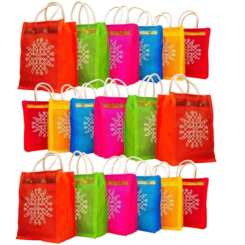Anumala Jute Bags With Contrast Kolam Print for Return Gifts Thamboolam Wedding and Birthday Events Multicolor 8x6x4 Inches