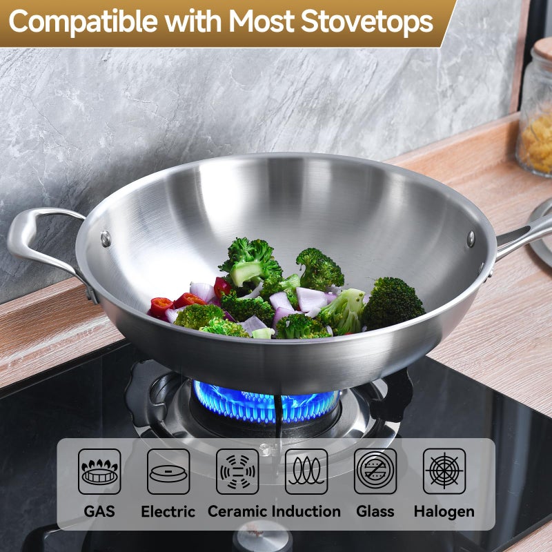 LOLYKITCH 13 Inch Stainless Steel Wok with Glass Lid, Tri-Ply Stir Fry Pan with Detachable Handle, Uncoated Cooking Wok for Induction & Glass, Flat Bottom, SGS Certified Cookware - Image 3