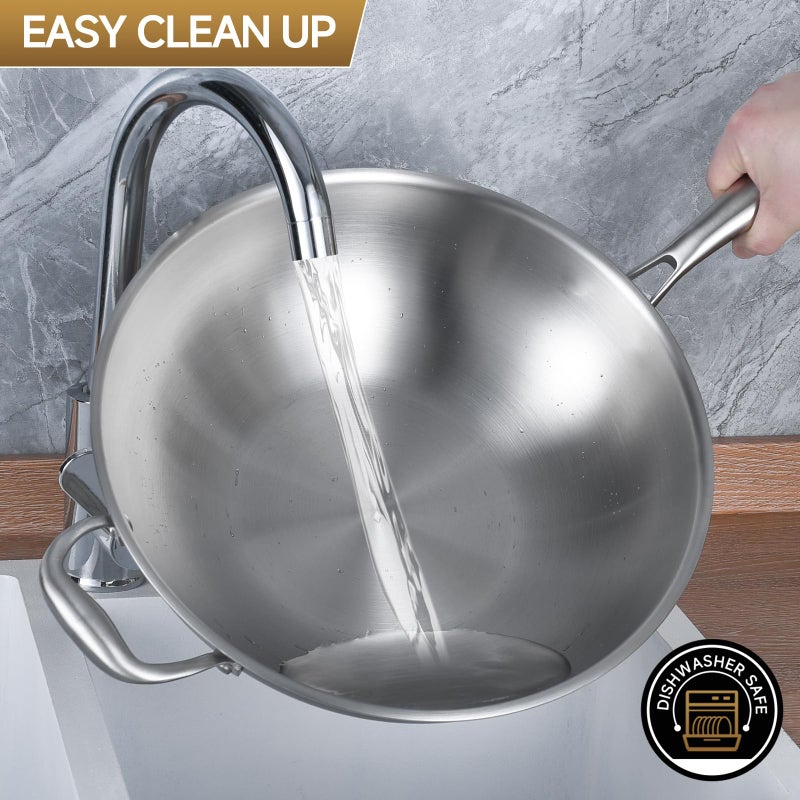 LOLYKITCH 13 Inch Stainless Steel Wok with Glass Lid, Tri-Ply Stir Fry Pan with Detachable Handle, Uncoated Cooking Wok for Induction & Glass, Flat Bottom, SGS Certified Cookware - Image 5