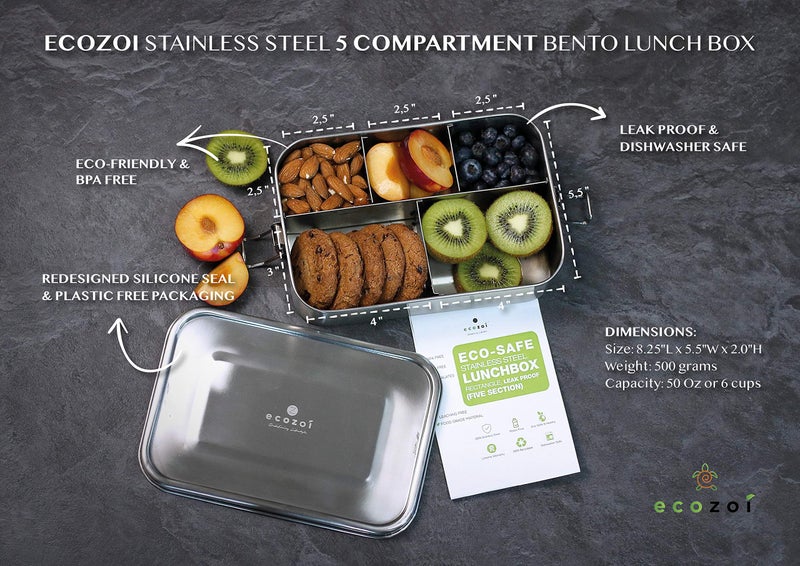ecozoi Stainless Steel Lunch Box, 1-Tier Metal Bento Box Leak Proof with 5 Compartments, 50 Oz Metal Lunch Container, Meal Prep Food Container, with 50 ml Sauce Container - Image 4