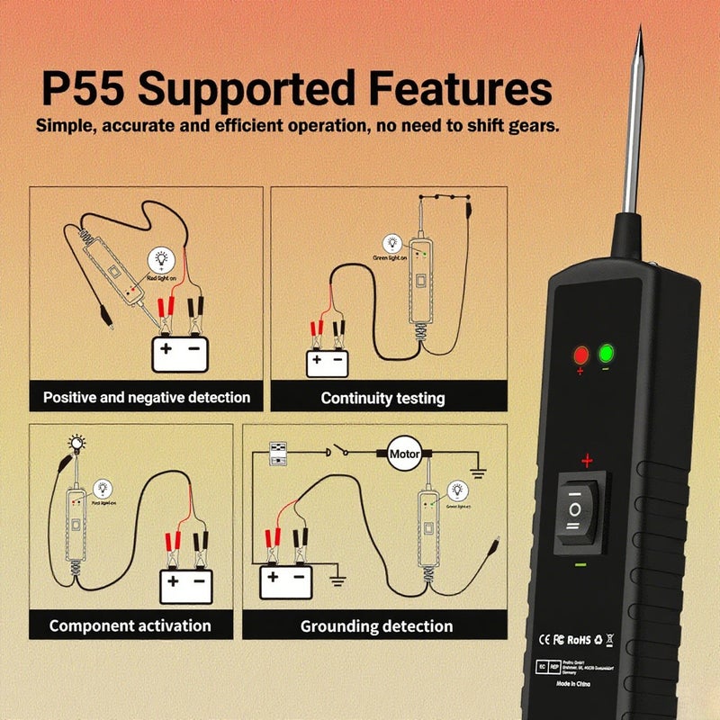 P55 Automotive Circuit Tester Car Electrical System Short Tester 12-24V DC with Function Flashlight Component Activation/Continuity Testing/Grounding Detection/Trace Locate Short - Image 5