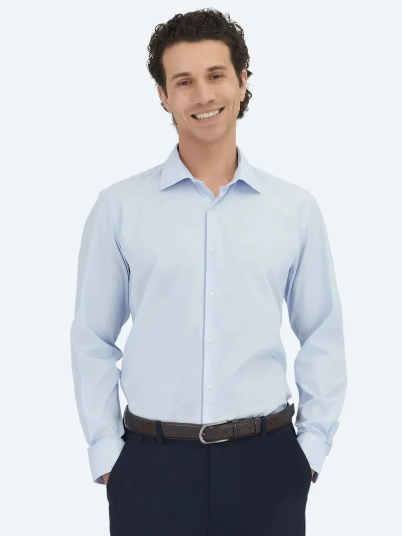 كيب قميص قطني كلاسيكي منسوج، أزرق متوسط، بقصة عادية