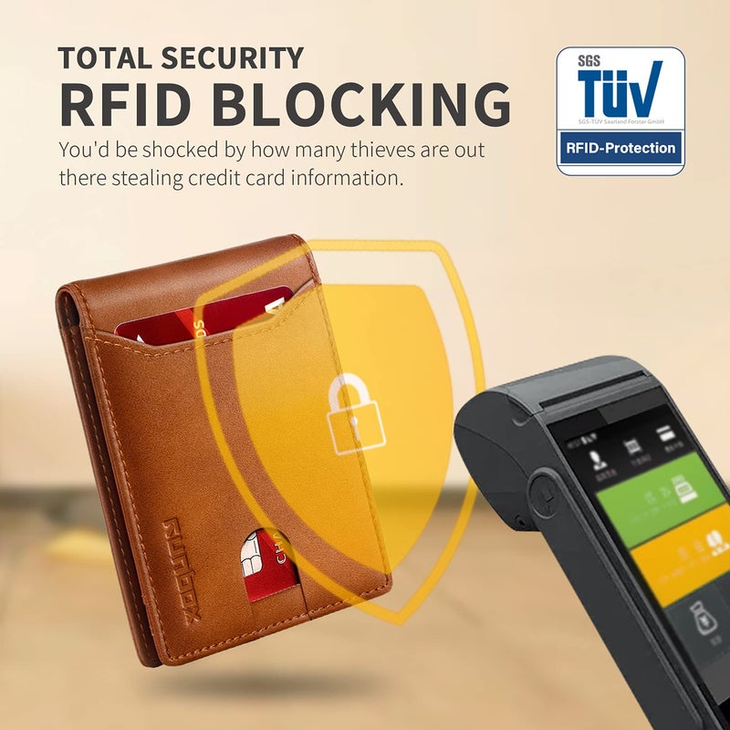 RUNBOX محفظة RUNBOX النحيفة للرجال جلد مزدوج مع حجب RFID مع علبة هدايا بني - Image 5