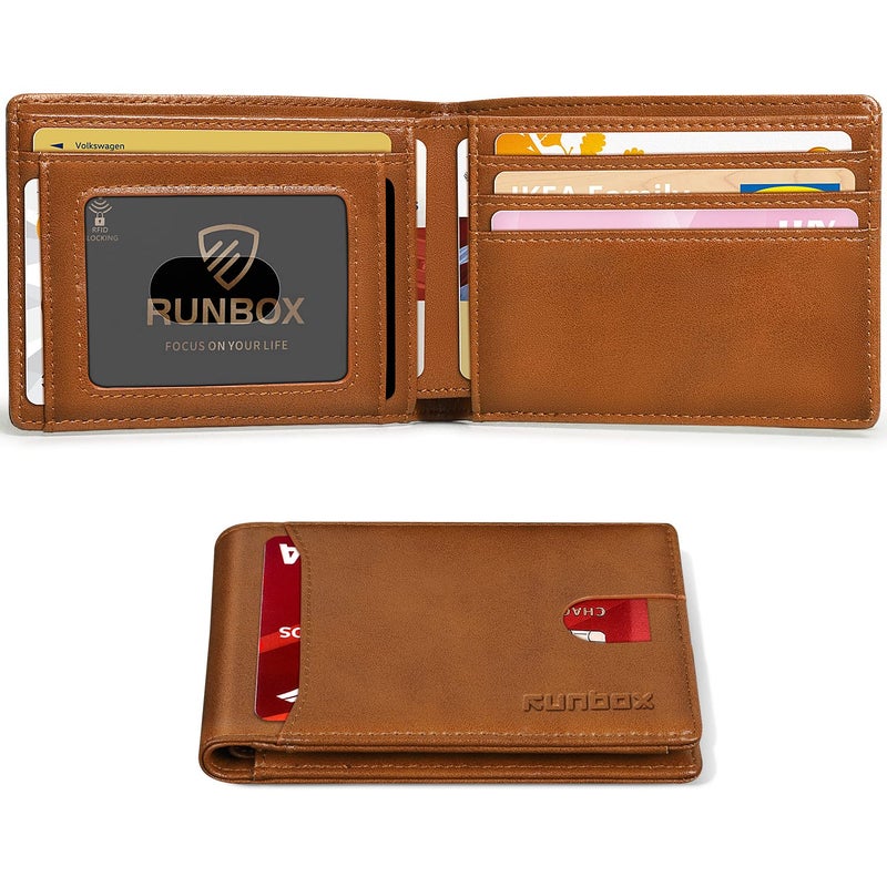 RUNBOX محفظة RUNBOX النحيفة للرجال جلد مزدوج مع حجب RFID مع علبة هدايا بني - Image 1