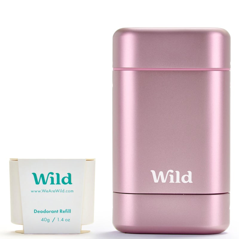 Wild Aluminum Free Deodorant for Women Starter Kit - Refillable Stick Deodorant with Pink Applicator Case & Fresh Cotton and Sea Salt Scented Refill (1.4oz) - Long Lasting Protection - Vegan Friendly - Image 1