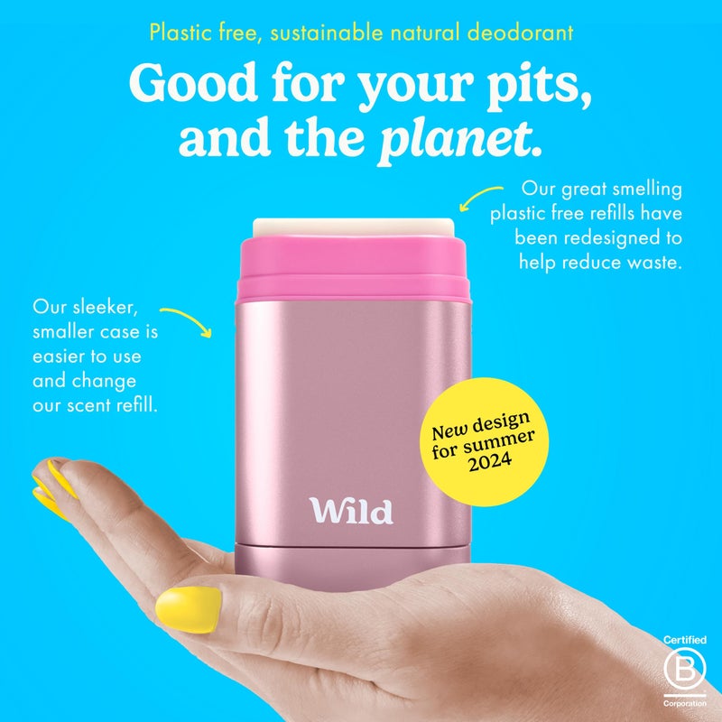 Wild Aluminum Free Deodorant for Women Starter Kit - Refillable Stick Deodorant with Pink Applicator Case & Fresh Cotton and Sea Salt Scented Refill (1.4oz) - Long Lasting Protection - Vegan Friendly - Image 2