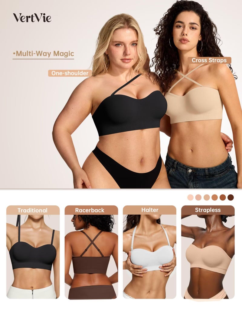 Vertvie Strapless Bras for Women Non-Slip Push Up Wireless Bandeau Bra Seamless Comfort Padded Tube Top Supportive Bralette(Nude,Small,Plain Jersey) - Image 4