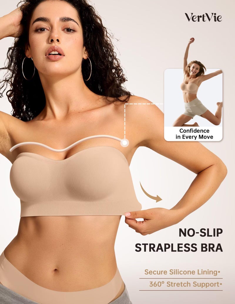 Vertvie Strapless Bras for Women Non-Slip Push Up Wireless Bandeau Bra Seamless Comfort Padded Tube Top Supportive Bralette(Nude,Small,Plain Jersey) - Image 3
