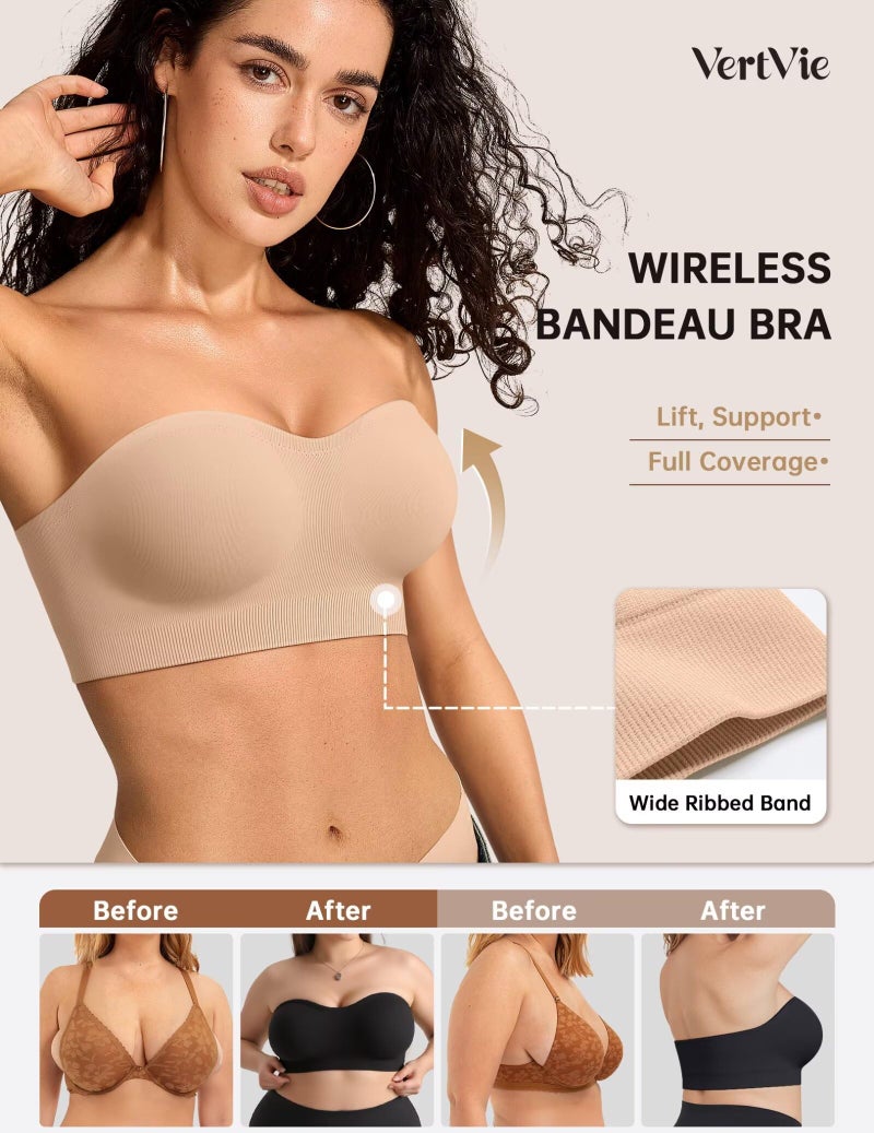 Vertvie Strapless Bras for Women Non-Slip Push Up Wireless Bandeau Bra Seamless Comfort Padded Tube Top Supportive Bralette(Nude,Small,Plain Jersey) - Image 2