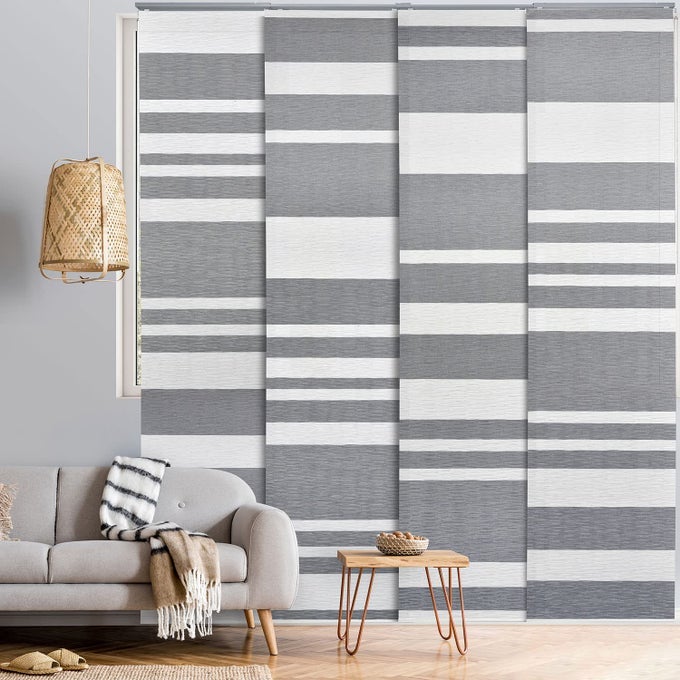 ADJUSTABLE SLIDING GLASS DOOR BLINDS 458 86 W X 96 H EXTENDABLE VERTICAL BLINDS FOR WINDOWS SLIDING PANEL TRACK BLINDS TRIMMABLE RANDOM STRIPES WOVEN FABRIC PANEL CURTIAN SHADOW