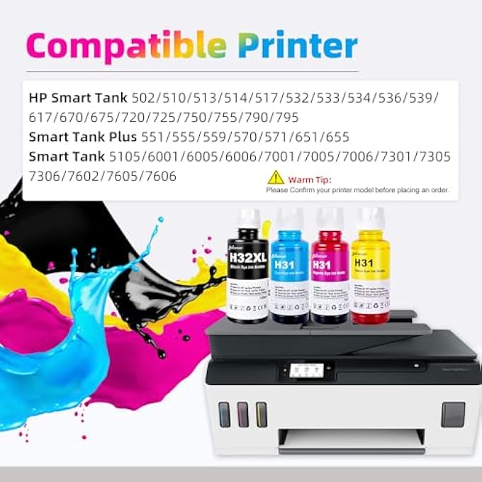زجاجة حبر 31 32XL متوافقة مع طابعات HP سمارت تانك 5000 5101 502 510 513 750 755 790 5105 6005 7001 (135 مل حبر أسود 32XL، 70 مل حبر ملون 31) - Image 3