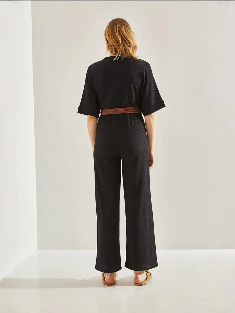 Bianco Lucci LUCCI Belted Wide Leg Jumpsuit with V-Neck