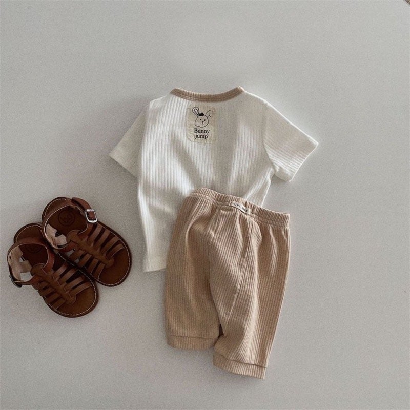 Baby patch contrast color suit summer thin toddler Korean style clothes baby boy short sleeve shorts two-piece suit White + khaki 